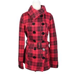 Vintage Y2K Glimmer by J.J. Basics Red and Black Plaid Double-Breasted Jacket M